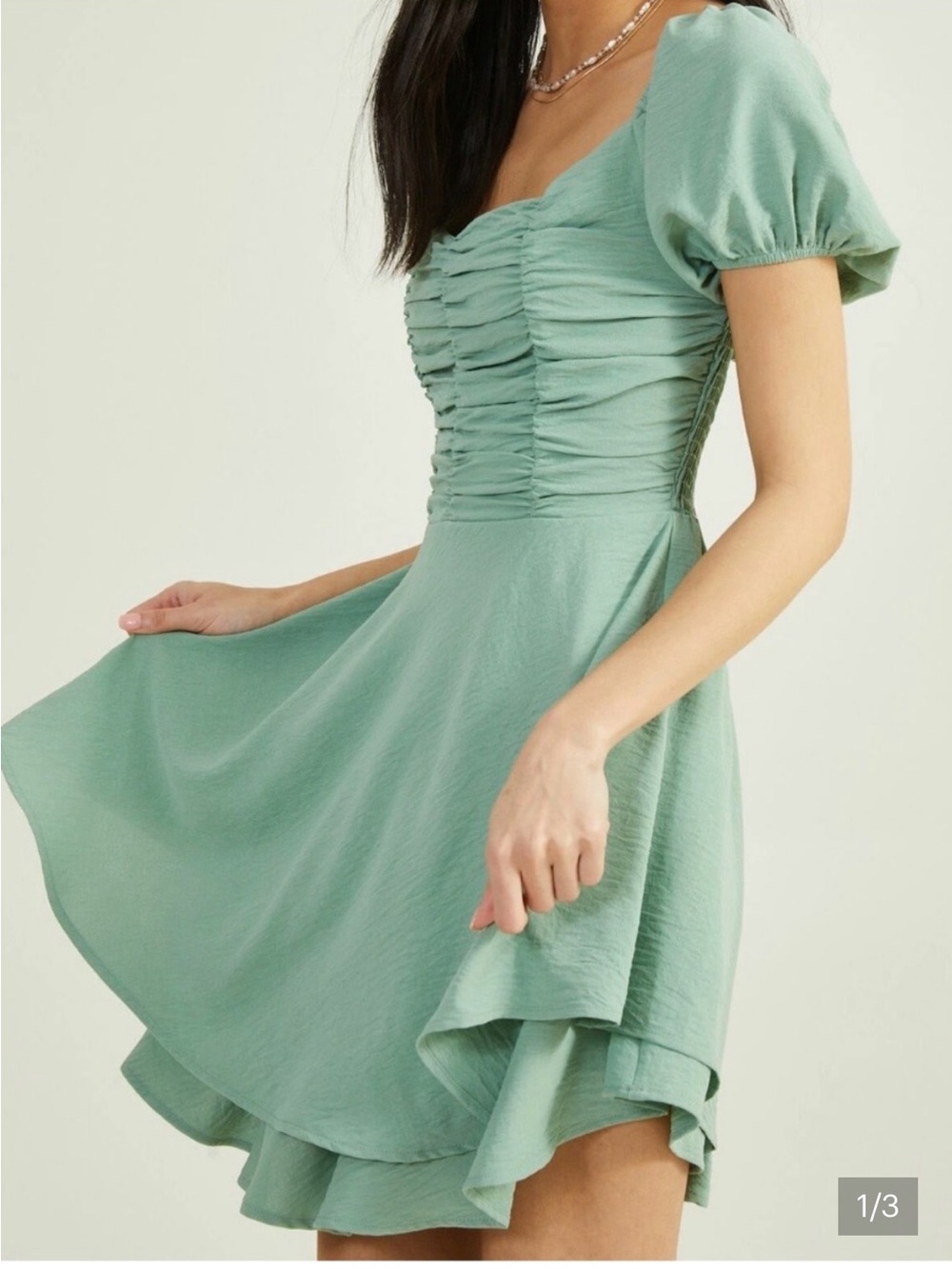 Altar'd State Sage Green Puff Sleeve Ruched Mini Dress